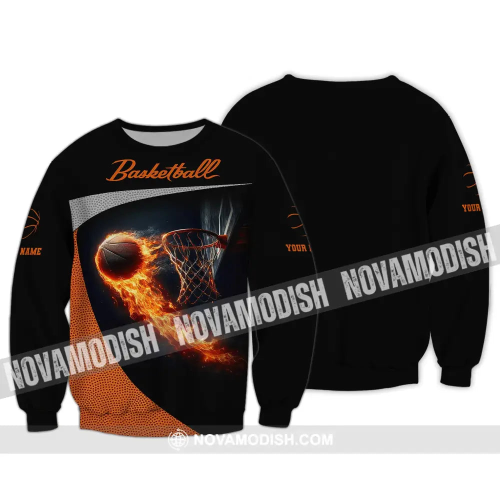 Man Shirt Custom Name Basketball Fire Gift For Player Long Sleeve / S T-Shirt