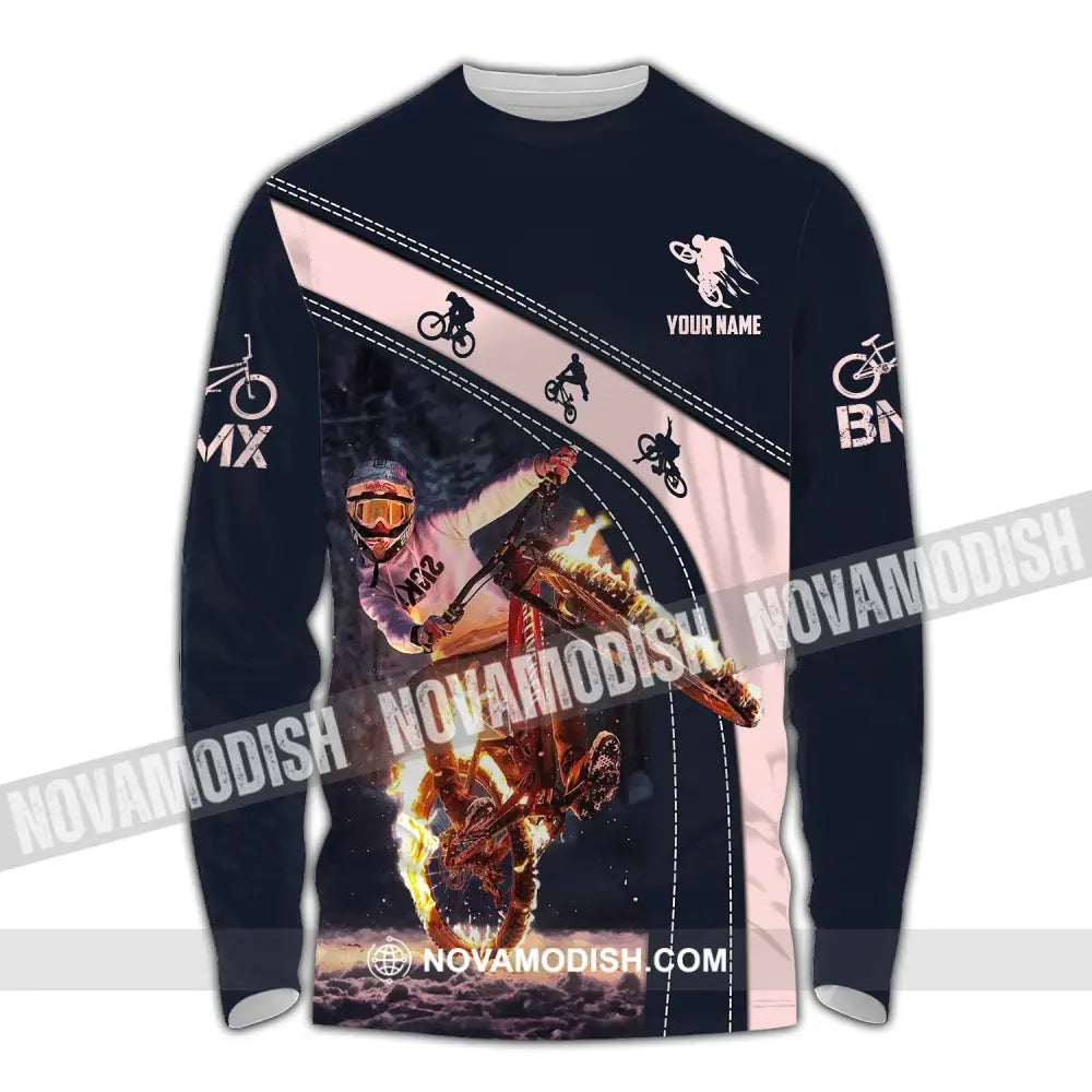 Man Shirt Custom Name Bicycle Moto Cross Bmx Polo Long Sleeve Hoodie / S T-Shirt