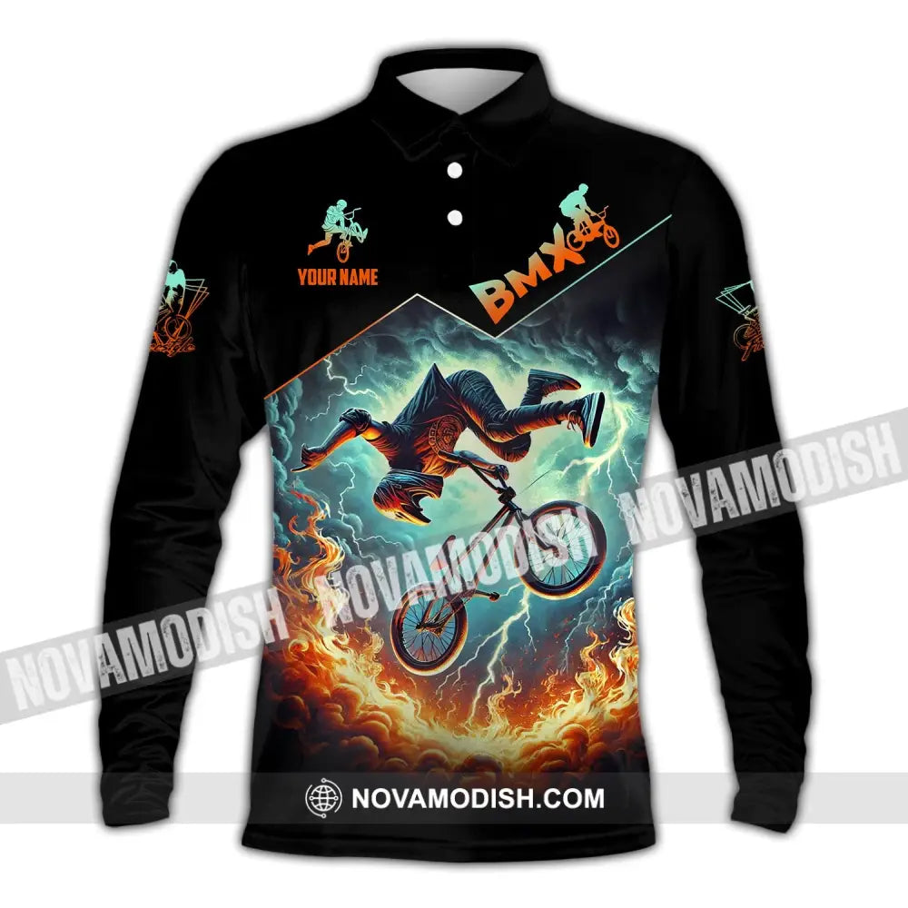 Man Shirt Custom Name Bicycle Moto Cross Bmx Polo Long Sleeve Hoodie / S T-Shirt