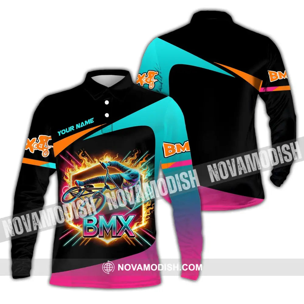 Man Shirt Custom Name Bicycle Moto Cross Bmx Polo Long Sleeve Hoodie / S T-Shirt