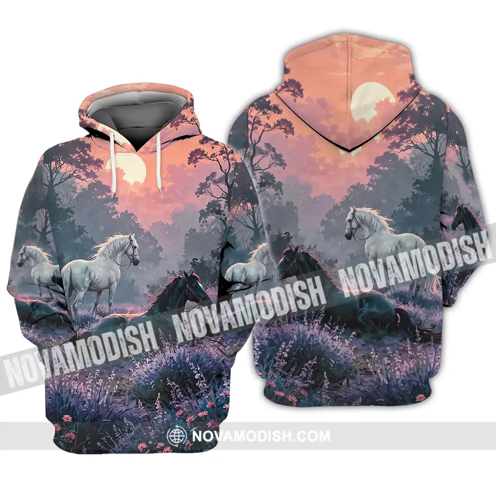 Unisex Shirt - Black And White Horses In Sunset Horse Graphic Animal Scenery Stylish Shirt Hoodie / S T-shirt