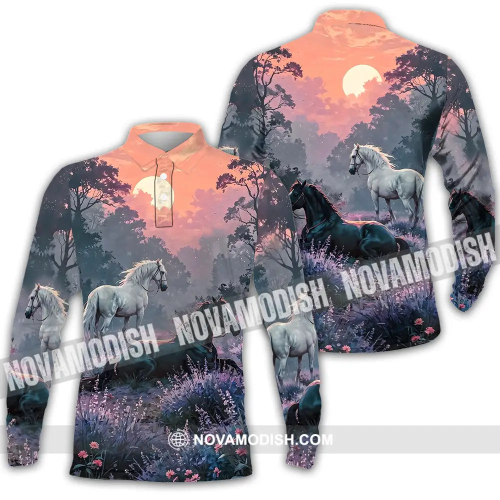 Unisex Shirt - Black And White Horses In Sunset Horse Graphic Animal Scenery Stylish Shirt Long Sleeve Polo / S T-shirt