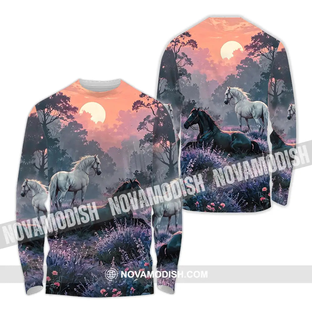 Unisex Shirt - Black And White Horses In Sunset Horse Graphic Animal Scenery Stylish Shirt Long Sleeve Shirt / S T-shirt