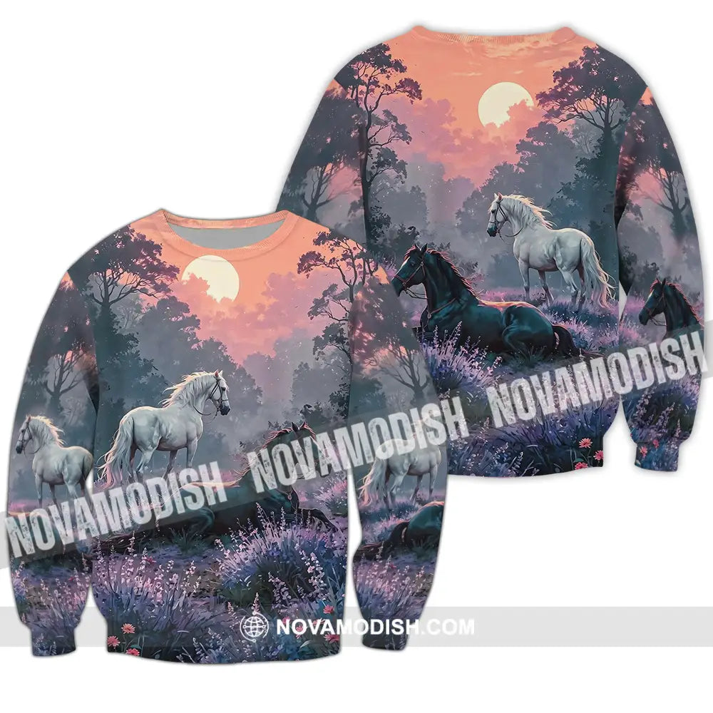 Unisex Shirt - Black And White Horses In Sunset Horse Graphic Animal Scenery Stylish Shirt Long Sleeve / S T-shirt