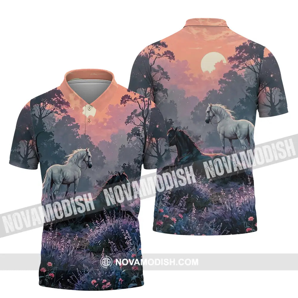 Unisex Shirt - Black And White Horses In Sunset Horse Graphic Animal Scenery Stylish Shirt Polo Shirt / S T-shirt