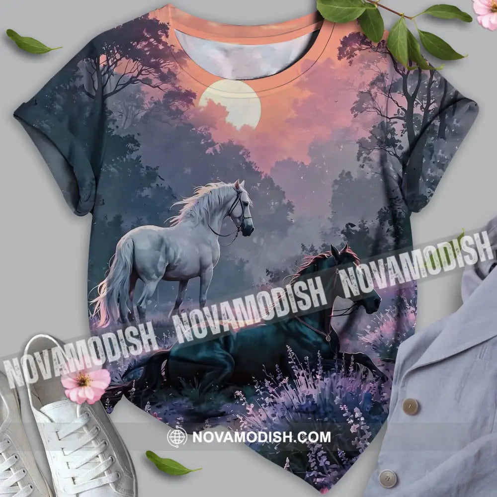 Unisex Shirt - Black And White Horses In Sunset Horse Graphic Animal Scenery Stylish Shirt T-shirt