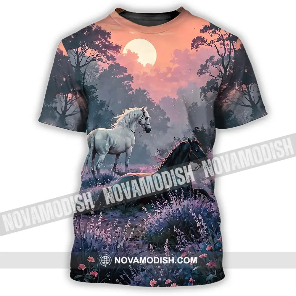 Unisex Shirt - Black And White Horses In Sunset Horse Graphic Animal Scenery Stylish Shirt T-Shirt / S T-shirt