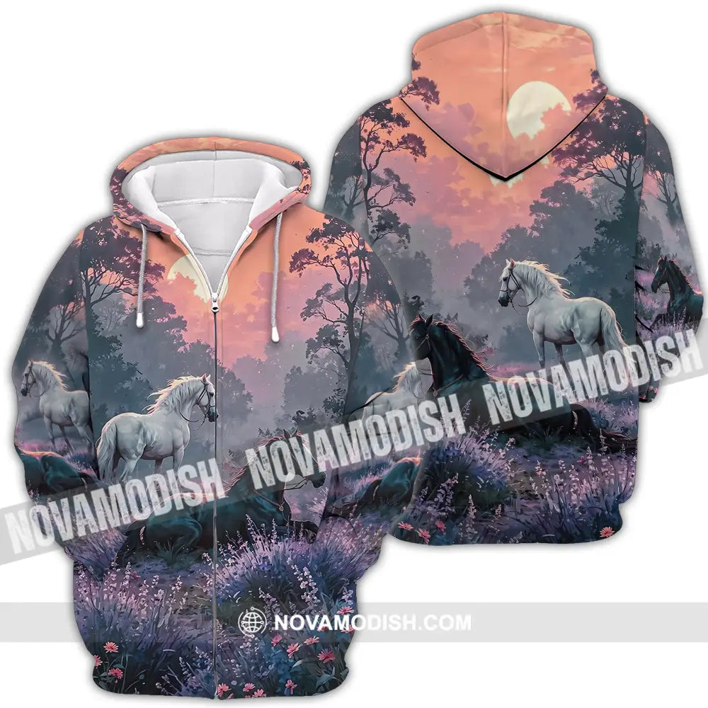 Unisex Shirt - Black And White Horses In Sunset Horse Graphic Animal Scenery Stylish Shirt Zipper Hoodie / S T-shirt