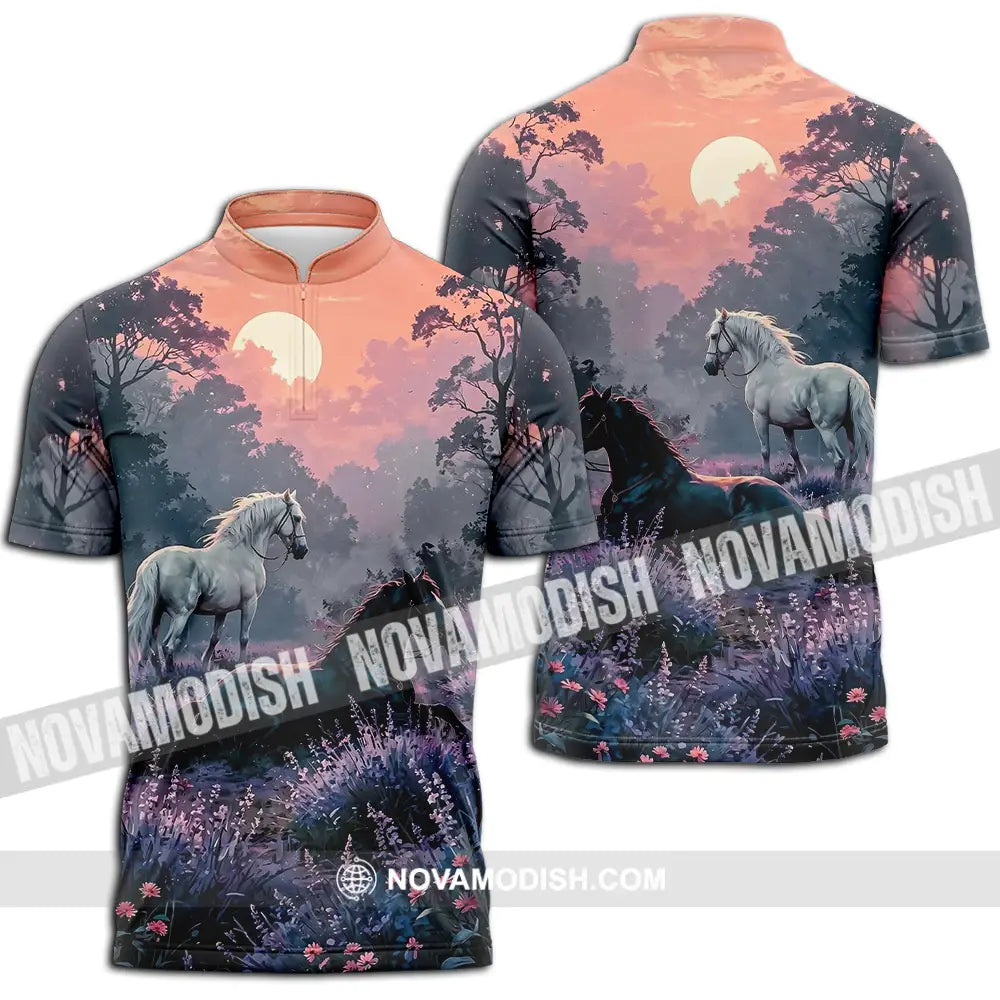 Unisex Shirt - Black And White Horses In Sunset Horse Graphic Animal Scenery Stylish Shirt Zipper Polo Shirt / S T-shirt