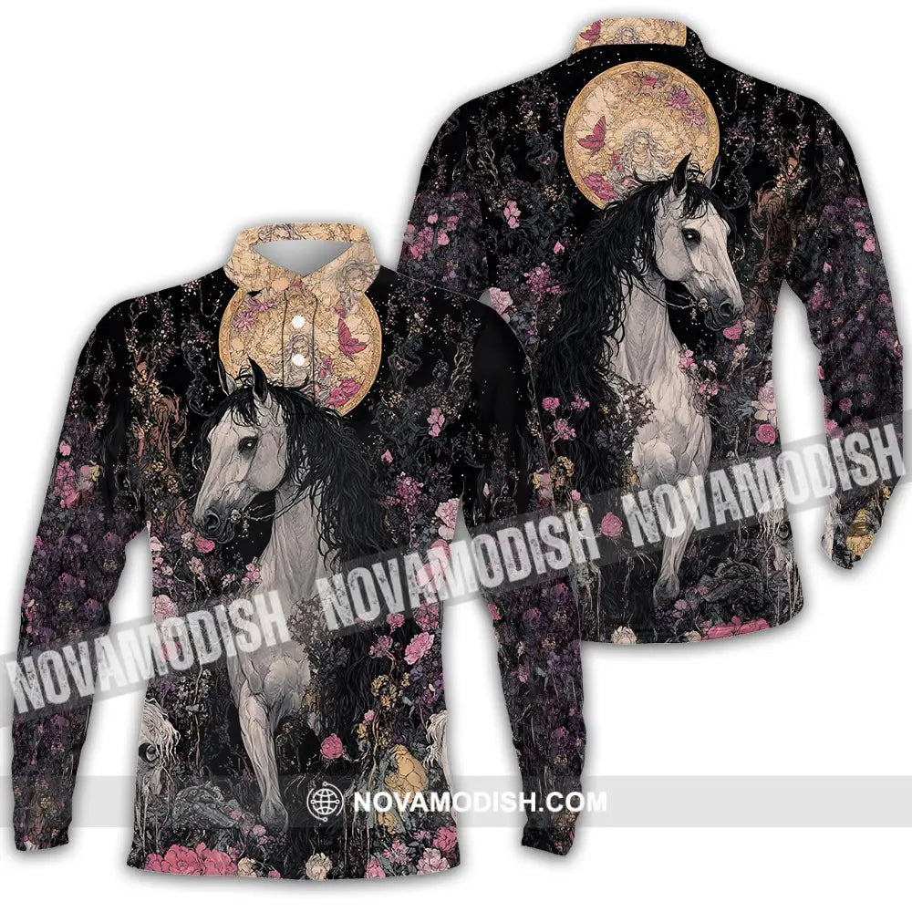 Unisex Shirt - Black Horse And Flowers Horse Graphic Animal Scenery Stylish Shirt Long Sleeve Polo / S T-shirt