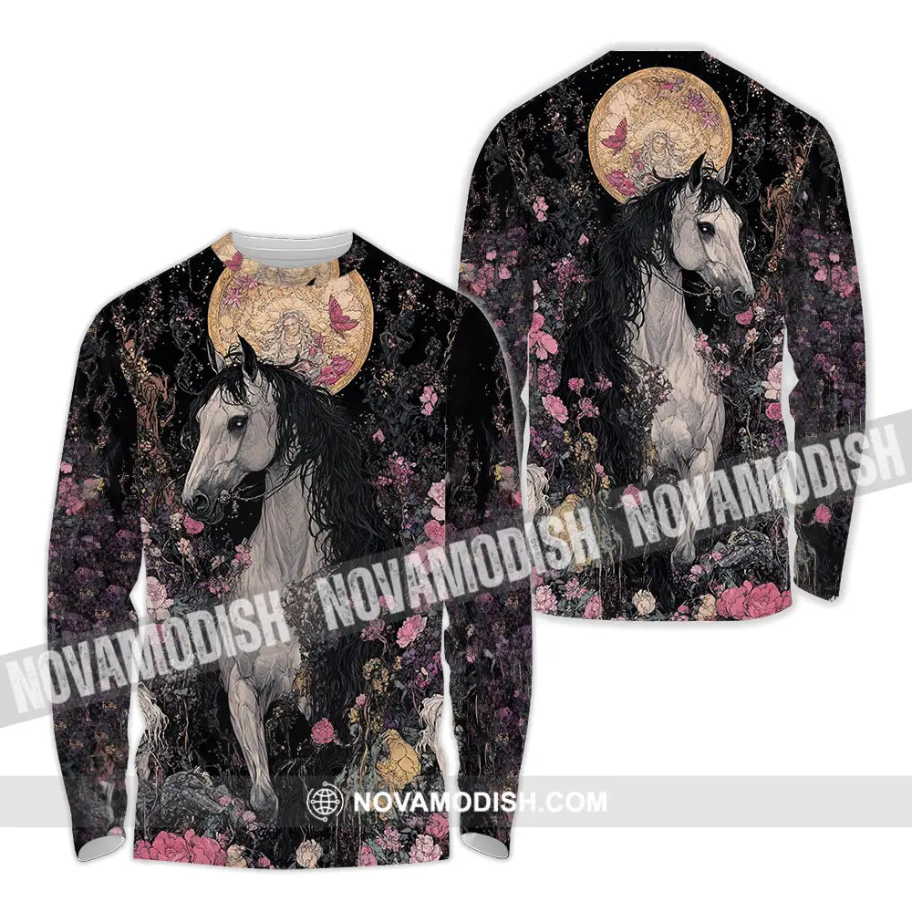 Unisex Shirt - Black Horse And Flowers Horse Graphic Animal Scenery Stylish Shirt Long Sleeve Shirt / S T-shirt