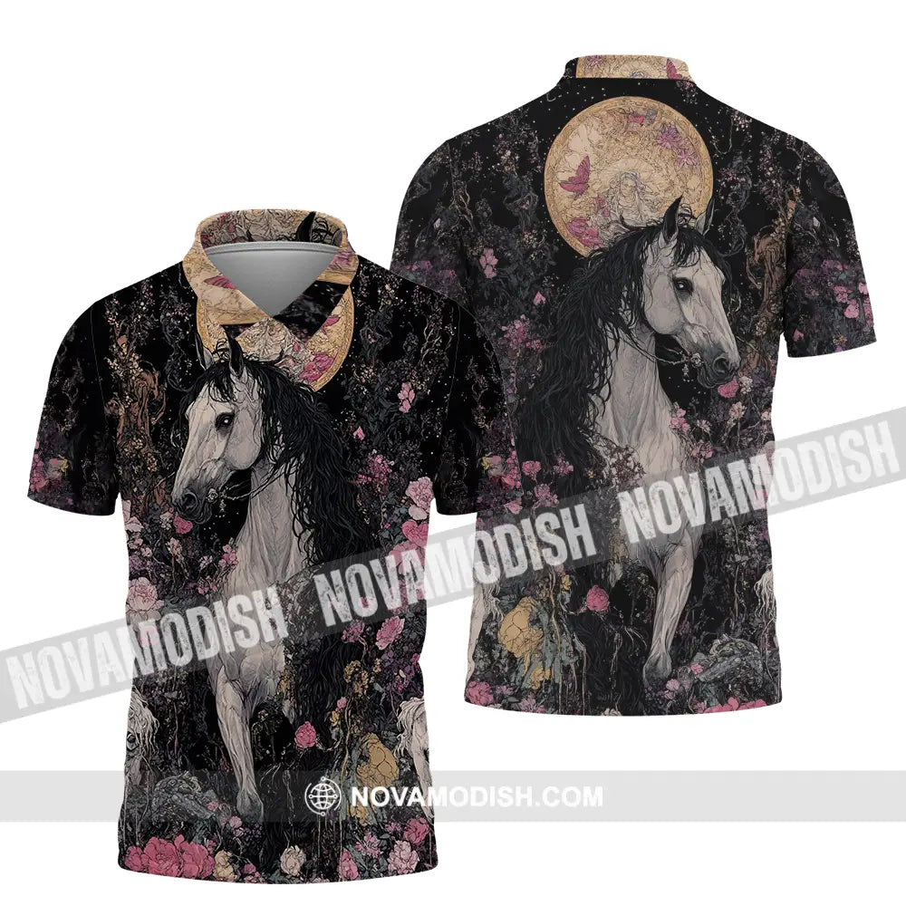 Unisex Shirt - Black Horse And Flowers Horse Graphic Animal Scenery Stylish Shirt Polo Shirt / S T-shirt