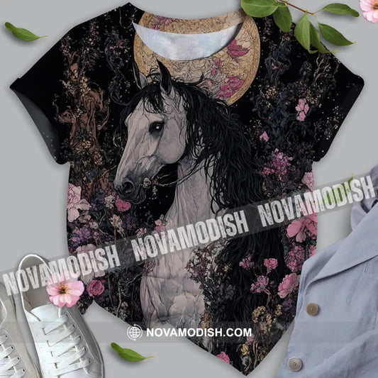 Unisex Shirt - Black Horse And Flowers Horse Graphic Animal Scenery Stylish Shirt T-shirt