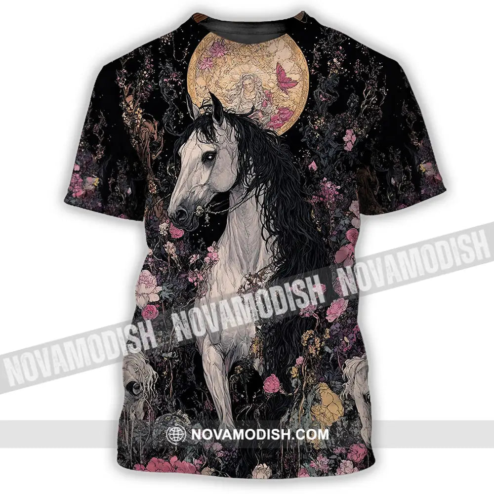 Unisex Shirt - Black Horse And Flowers Horse Graphic Animal Scenery Stylish Shirt T-Shirt / S T-shirt