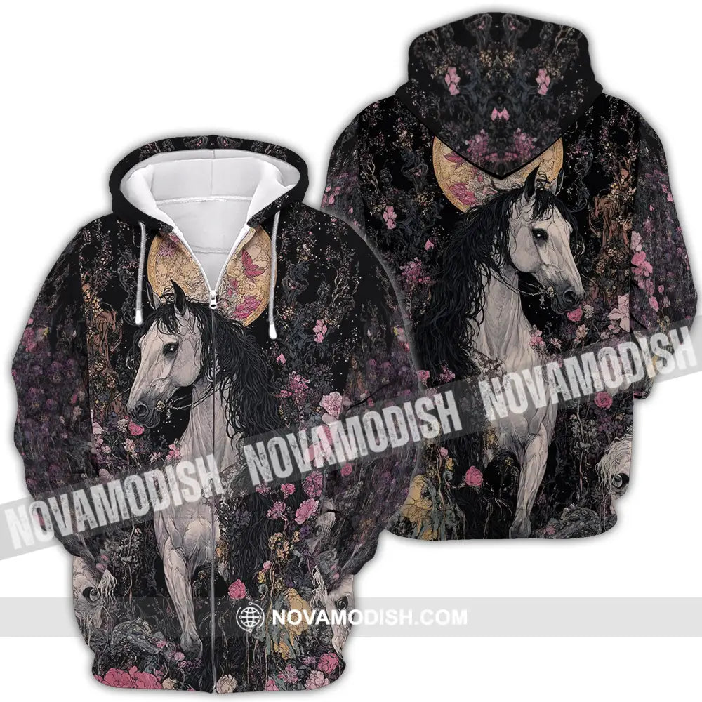 Unisex Shirt - Black Horse And Flowers Horse Graphic Animal Scenery Stylish Shirt Zipper Hoodie / S T-shirt
