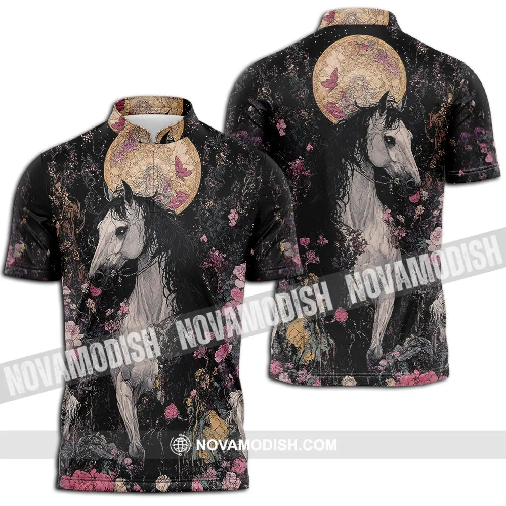 Unisex Shirt - Black Horse And Flowers Horse Graphic Animal Scenery Stylish Shirt Zipper Polo Shirt / S T-shirt