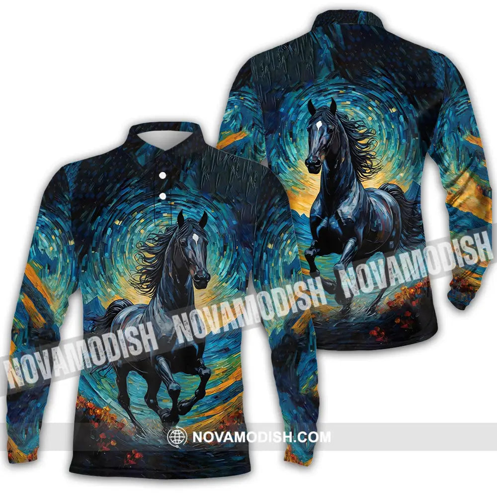 Unisex Shirt - Black Horse Symbolism Night Sky Shirt Long Sleeve Polo / S T-shirt