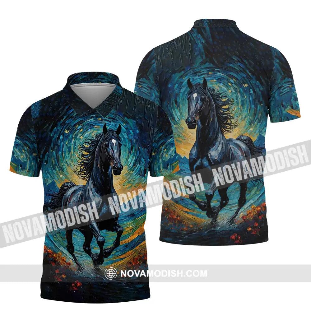 Unisex Shirt - Black Horse Symbolism Night Sky Shirt Polo Shirt / S T-shirt