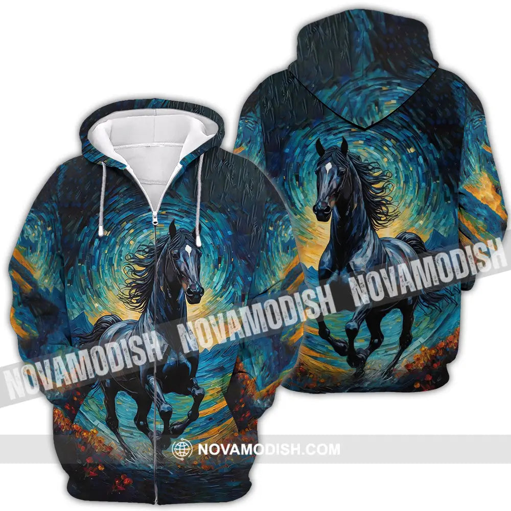 Unisex Shirt - Black Horse Symbolism Night Sky Shirt Zipper Hoodie / S T-shirt