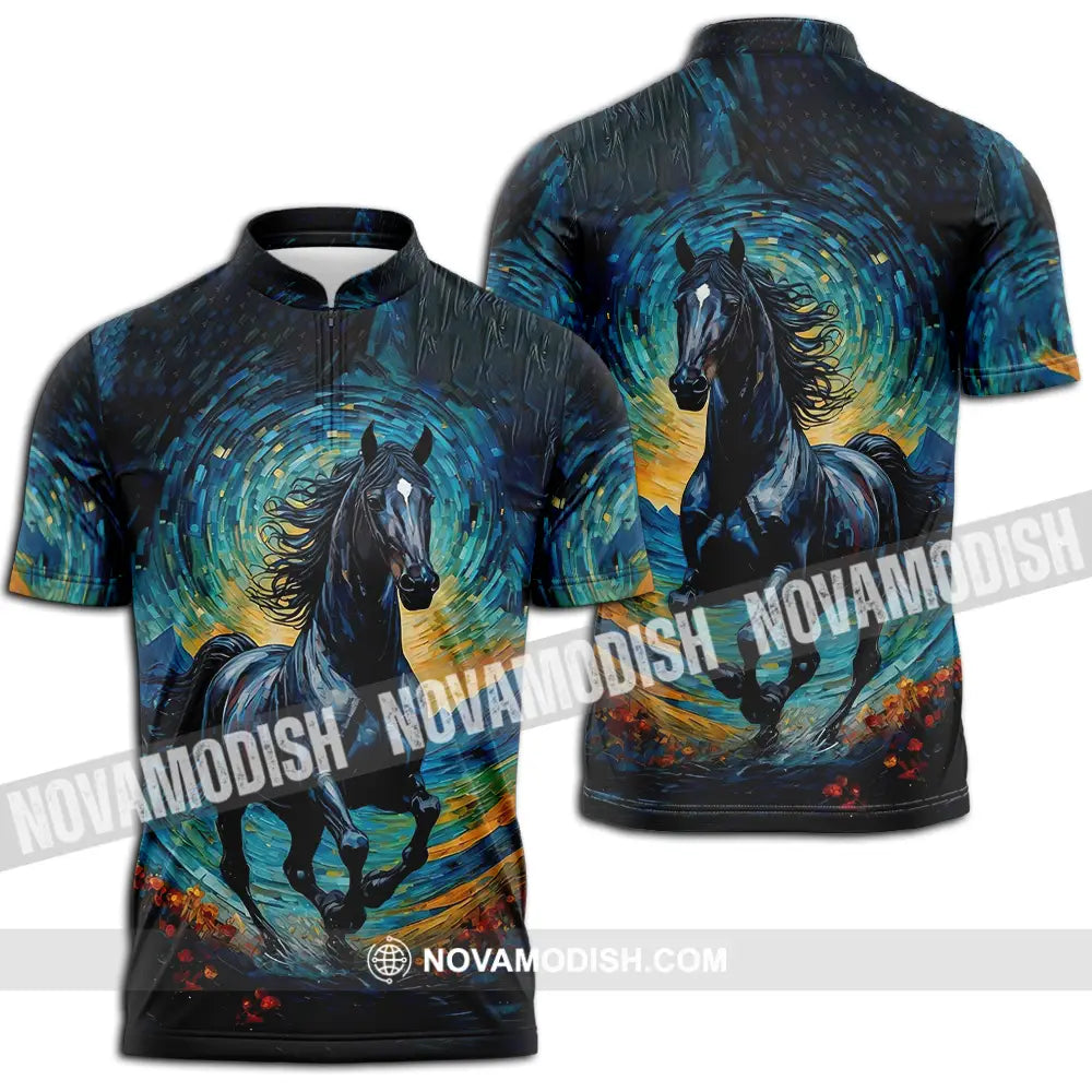 Unisex Shirt - Black Horse Symbolism Night Sky Shirt Zipper Polo Shirt / S T-shirt