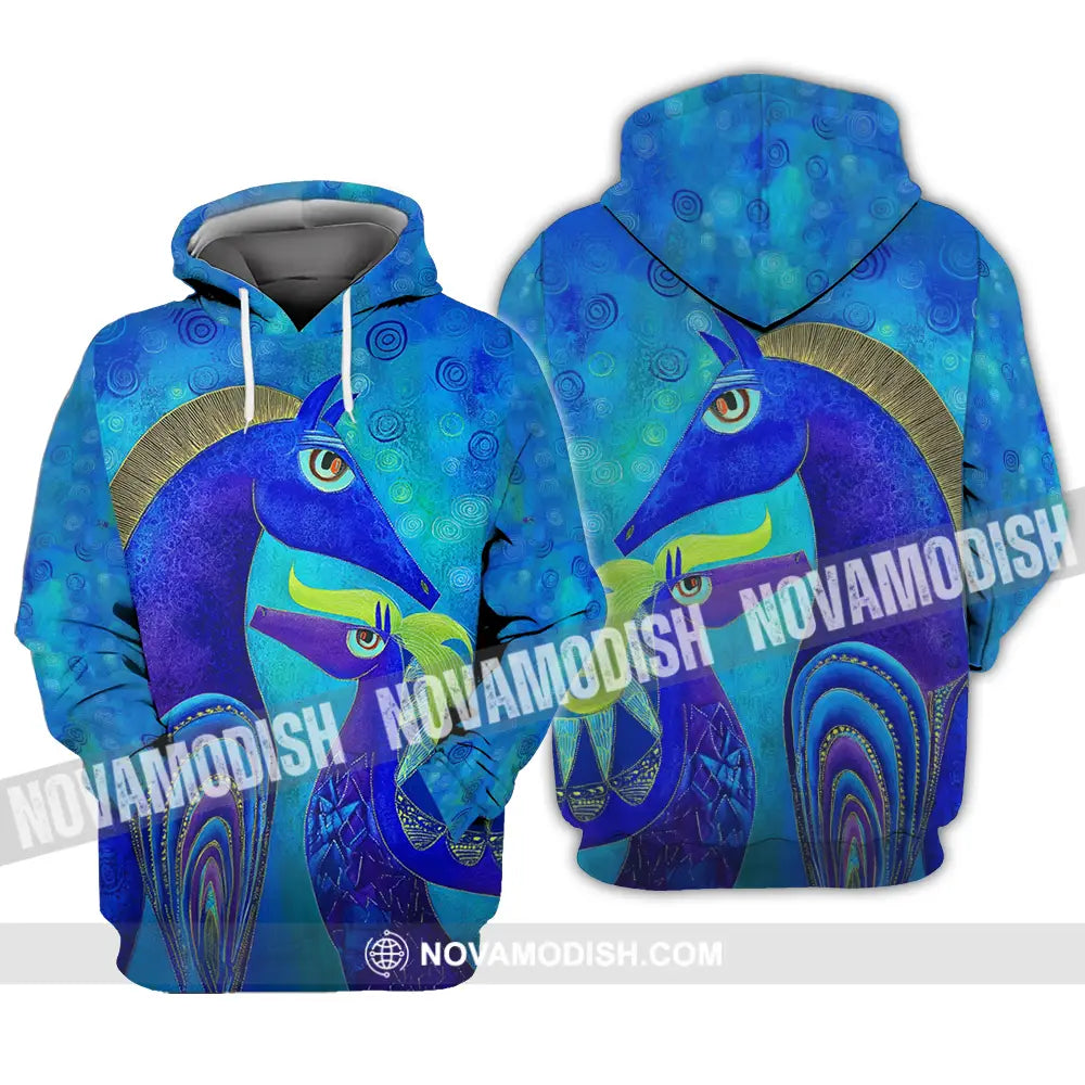 Unisex Shirt - Blue Abstract Art Horses Graphic Shirt Hoodie / S T-shirt