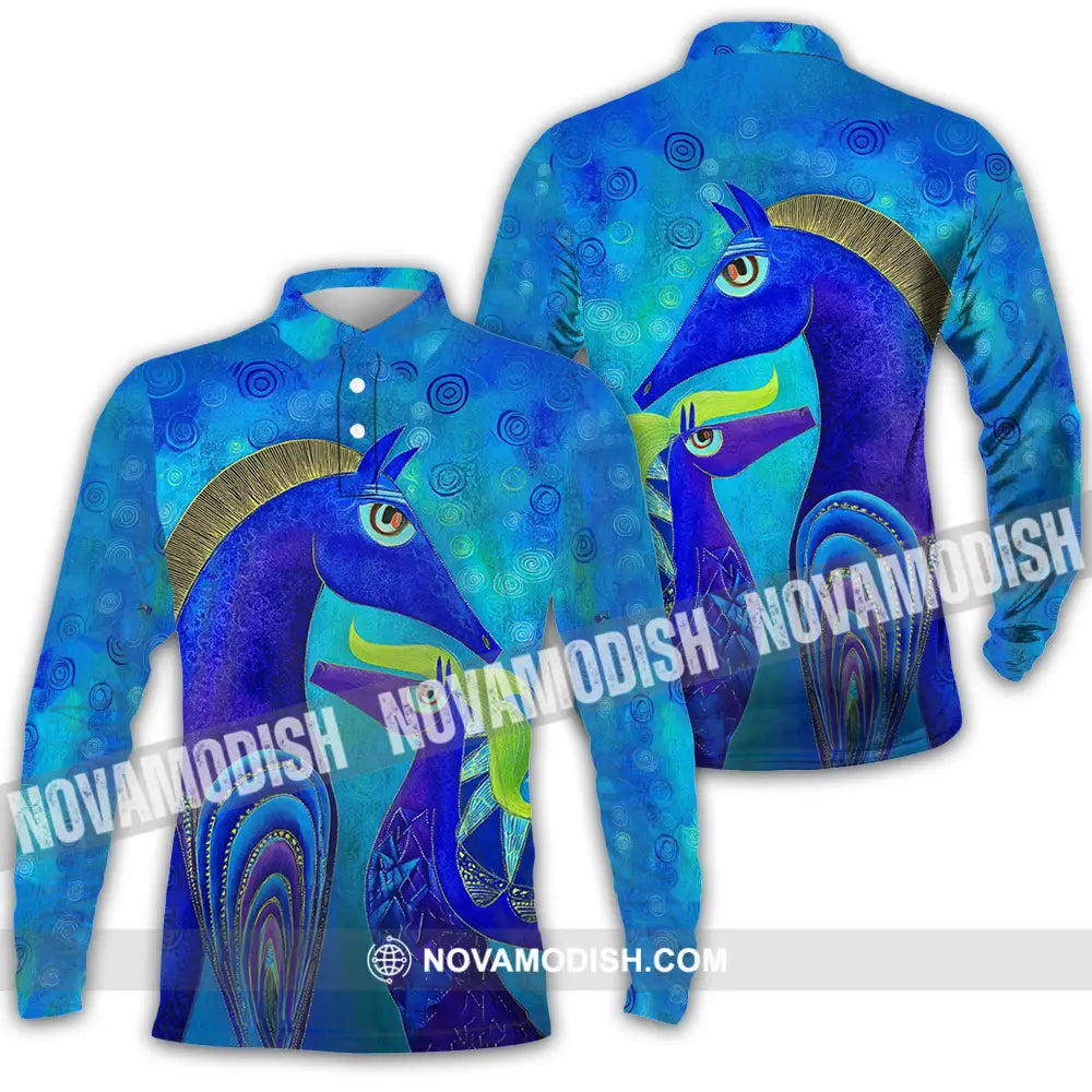 Unisex Shirt - Blue Abstract Art Horses Graphic Shirt Long Sleeve Polo / S T-shirt