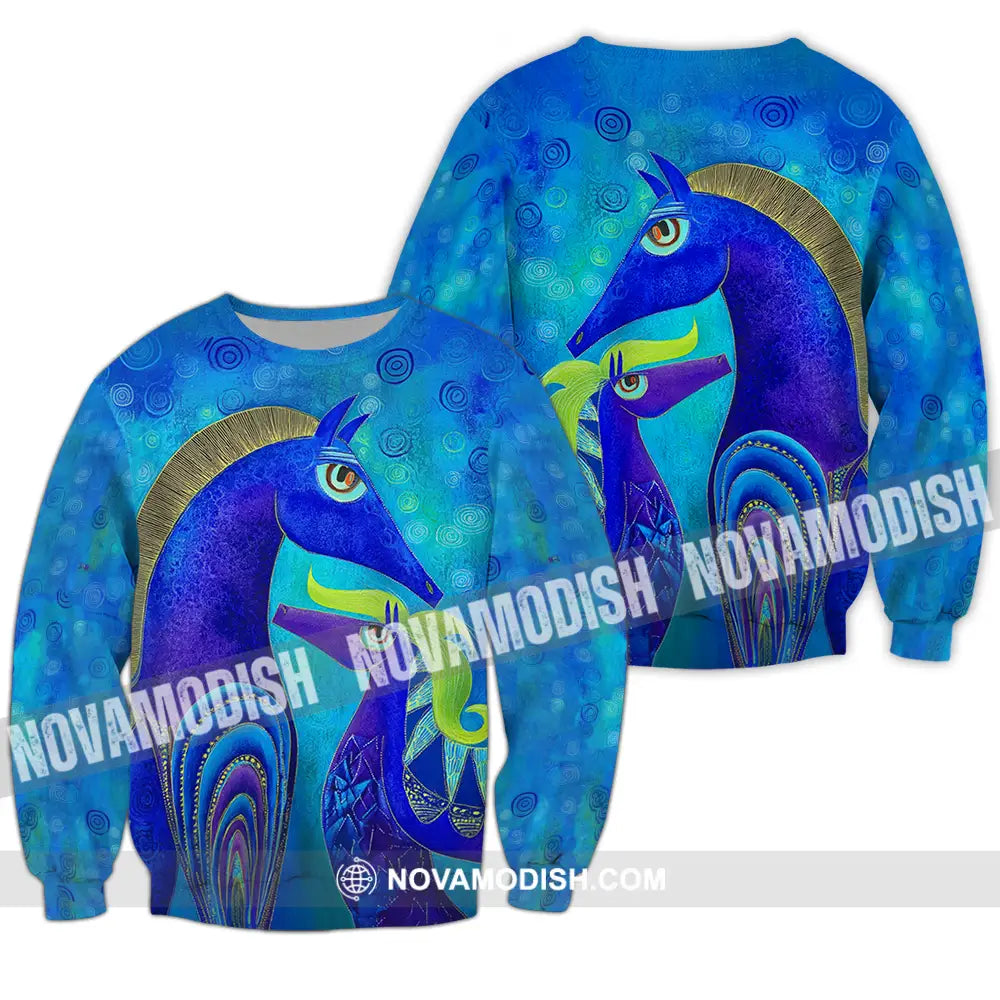 Unisex Shirt - Blue Abstract Art Horses Graphic Shirt Long Sleeve / S T-shirt