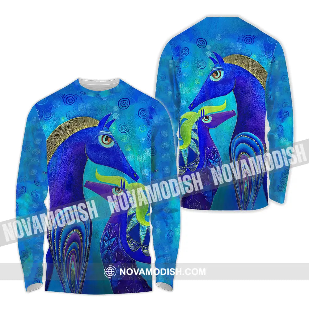 Unisex Shirt - Blue Abstract Art Horses Graphic Shirt Long Sleeve Shirt / S T-shirt