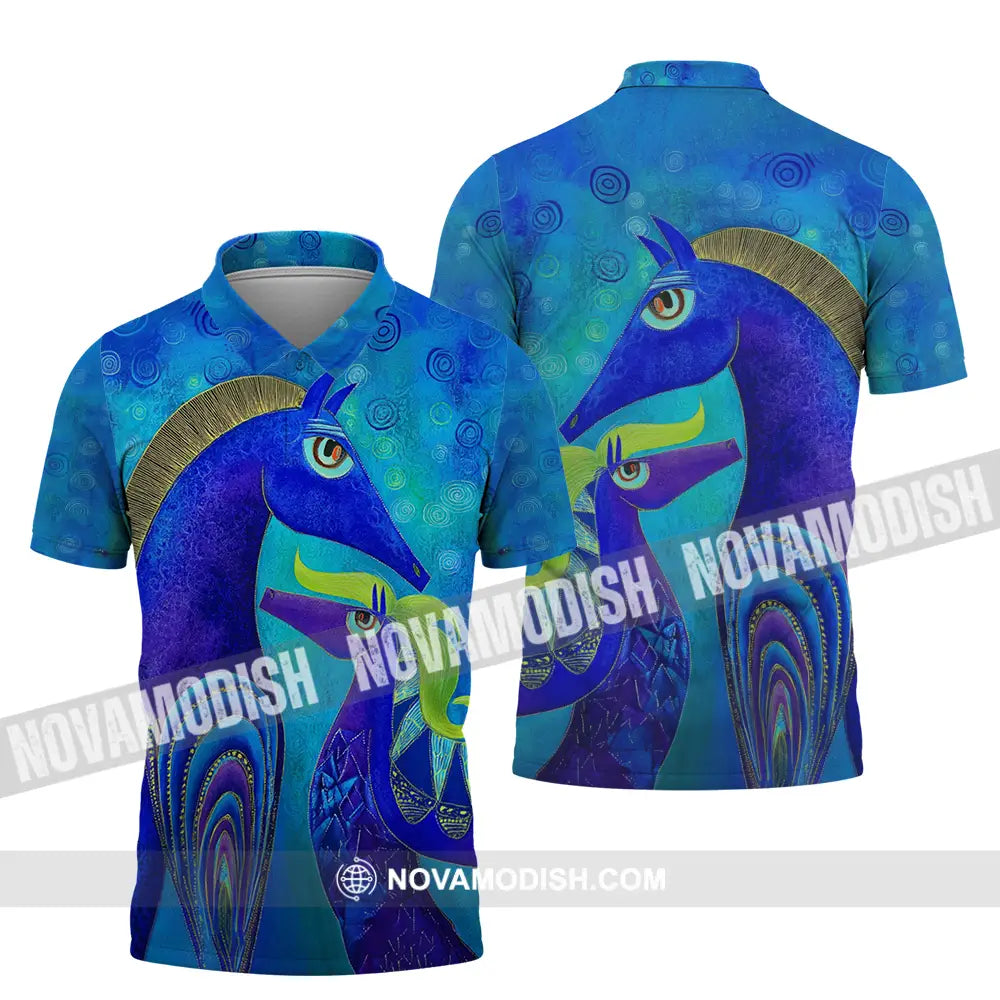 Unisex Shirt - Blue Abstract Art Horses Graphic Shirt Polo Shirt / S T-shirt