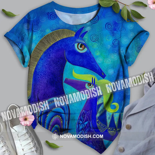 Unisex Shirt - Blue Abstract Art Horses Graphic Shirt T-shirt
