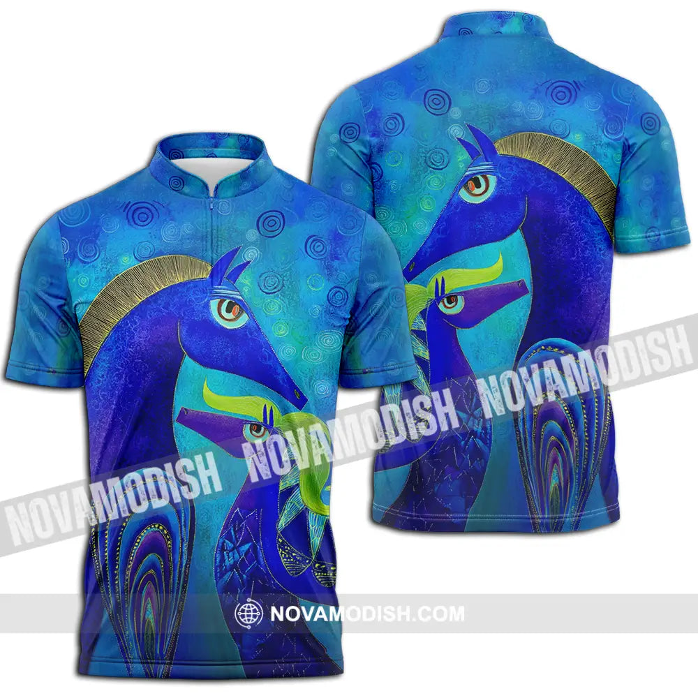 Unisex Shirt - Blue Abstract Art Horses Graphic Shirt Zipper Polo Shirt / S T-shirt