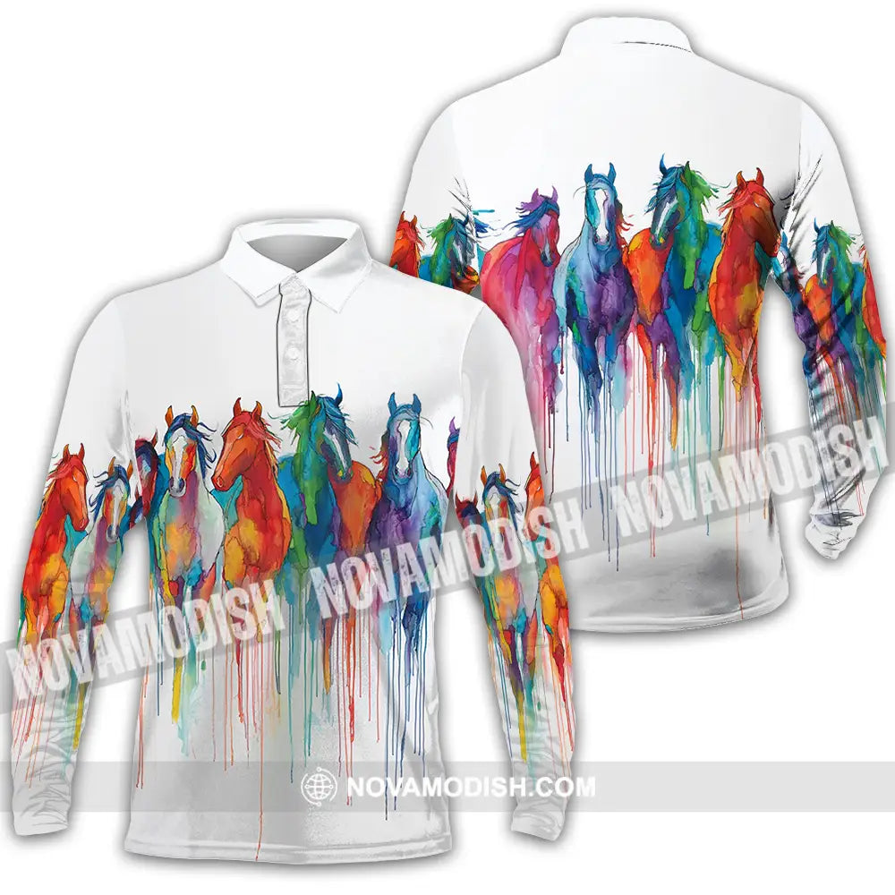 Unisex Shirt - Colorful Horses Horse Graphic Animal Scenery Stylish Shirt Long Sleeve Polo / S T-shirt