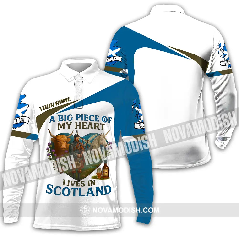 Unisex Shirt - Custom A Big Piece Of My Heart Lives In Scotland Shirt Long Sleeve Polo / S T-shirt