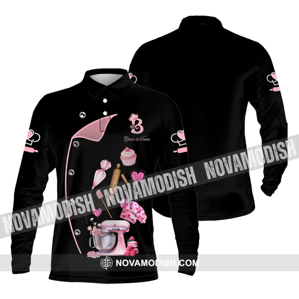 Unisex Shirt - Custom Bakery Black & Pink Cute Shirt Long Sleeve Polo / S T-shirt
