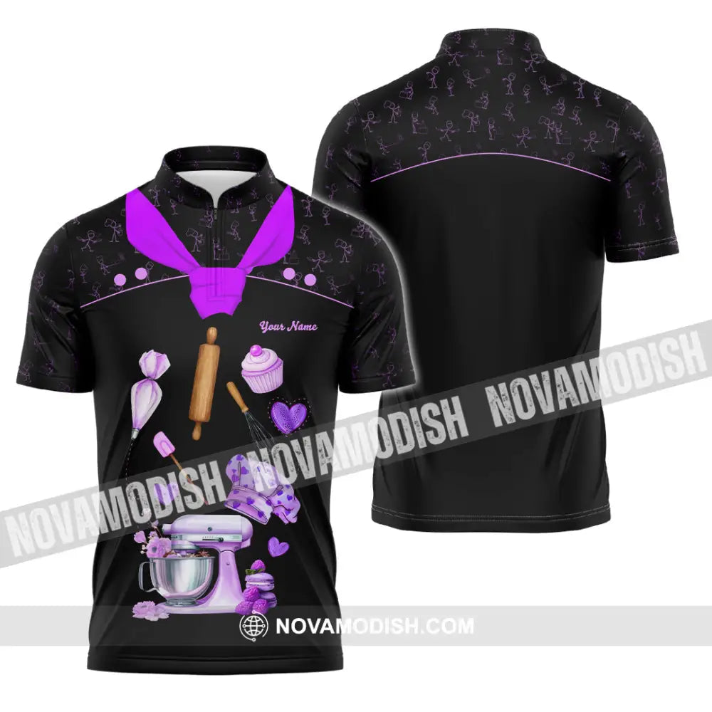 Unisex Shirt - Custom Bakery Black & Purple Cute Shirt Zipper Polo Shirt / S T-shirt