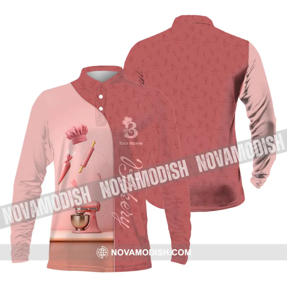 Unisex Shirt - Custom Bakery Pink Cute Shirt Long Sleeve Polo / S T-shirt