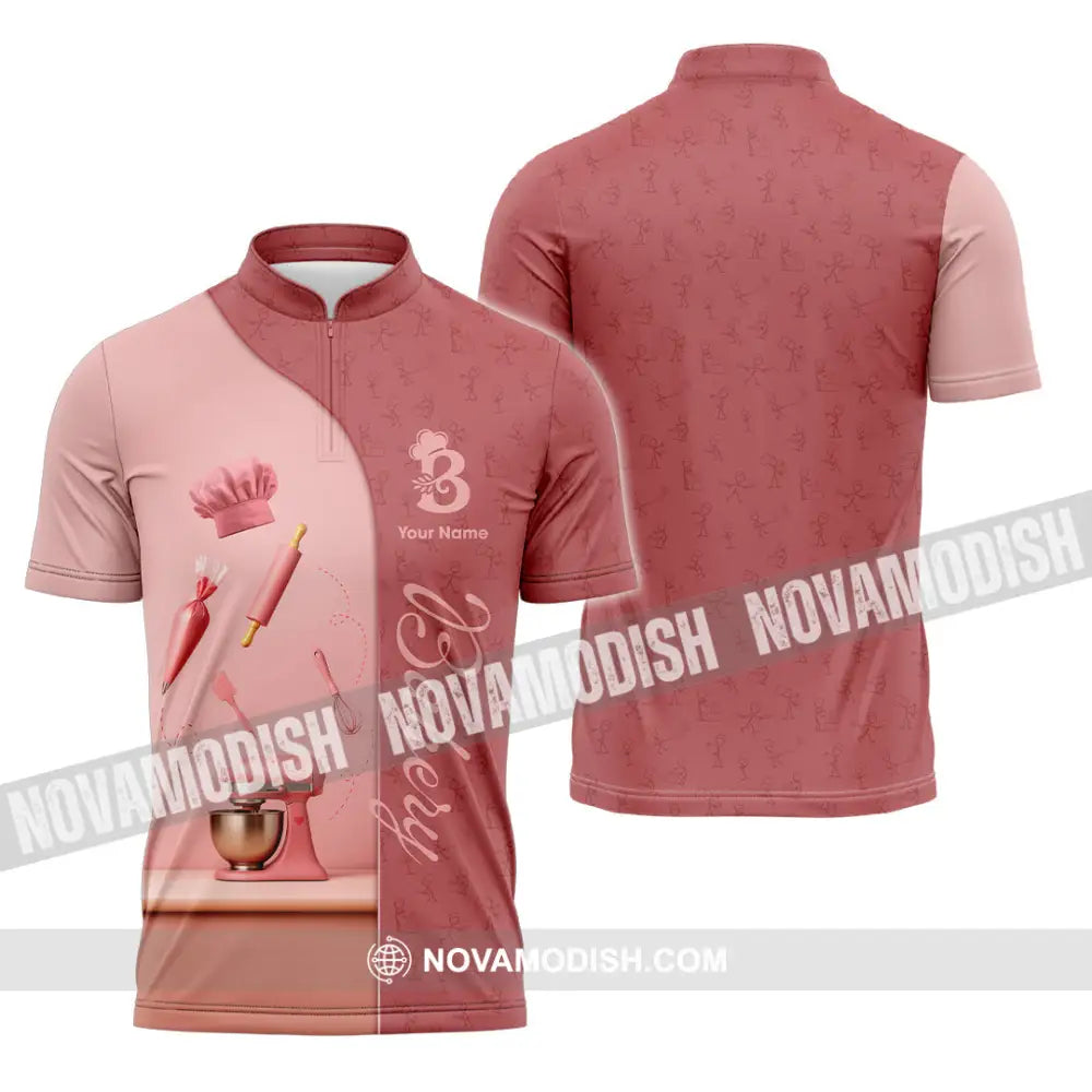 Unisex Shirt - Custom Bakery Pink Cute Shirt Zipper Polo Shirt / S T-shirt