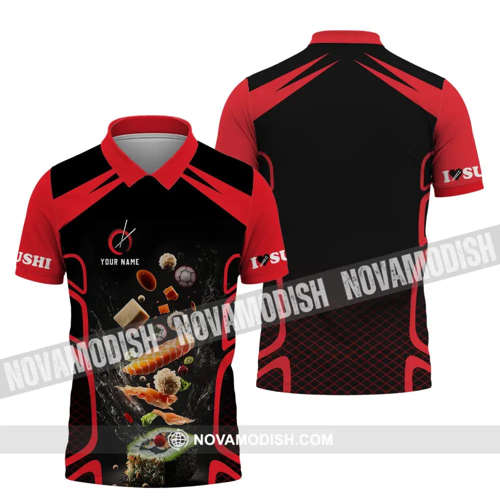 Unisex Shirt - Custom Chef Name Shirt - Chef Shirt - Chef Name I Love Sushi Gift For Japan Kitchen Lover Red And Black
