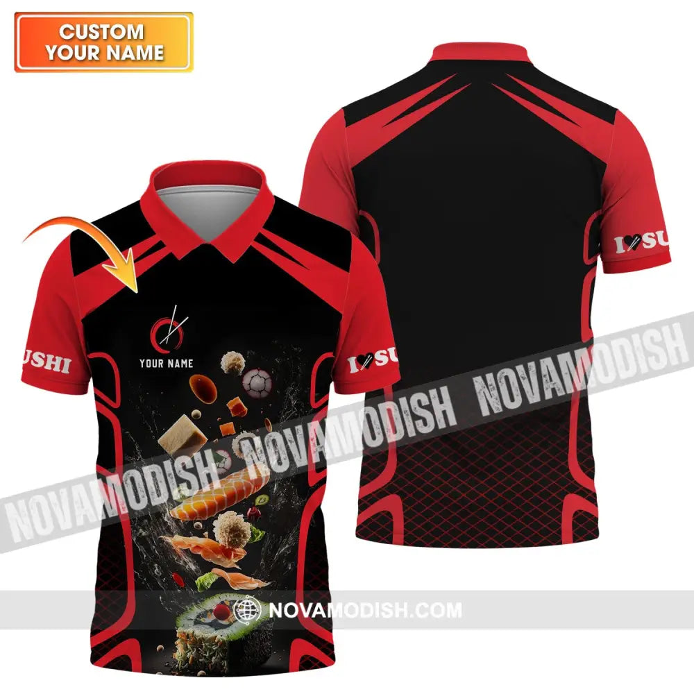 Unisex Shirt - Custom Chef Name Shirt - Chef Shirt - Chef Name I Love Sushi Gift For Japan Kitchen Lover Red And Black