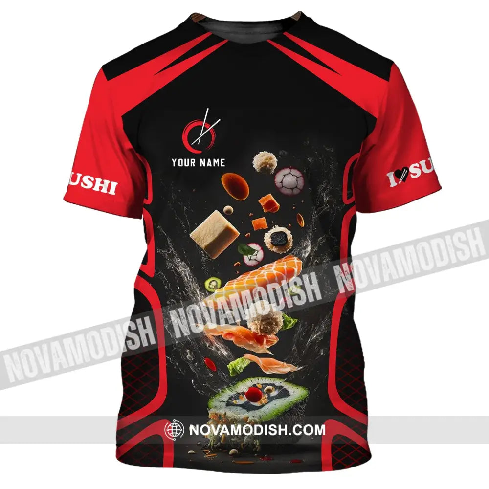 Unisex Shirt - Custom Chef Name Shirt - Chef Shirt - Chef Name I Love Sushi Gift For Japan Kitchen Lover Red And Black