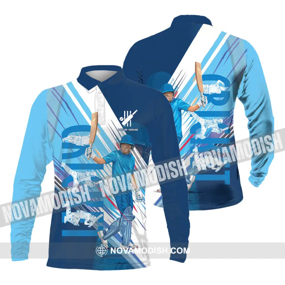 Unisex Shirt - Custom Cricket Player Blue Design Shirt Long Sleeve Polo / S T-shirt