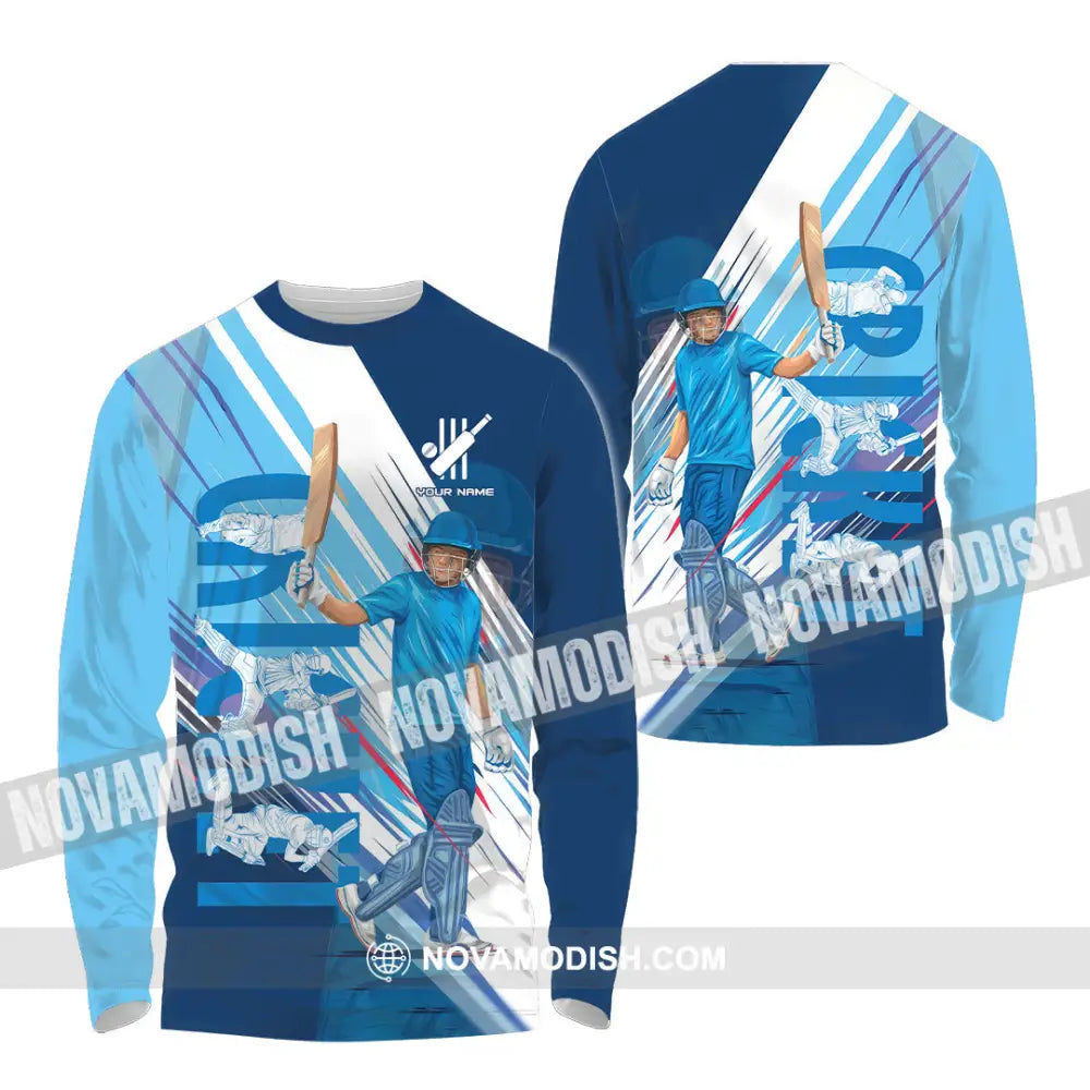 Unisex Shirt - Custom Cricket Player Blue Design Shirt Long Sleeve Shirt / S T-shirt