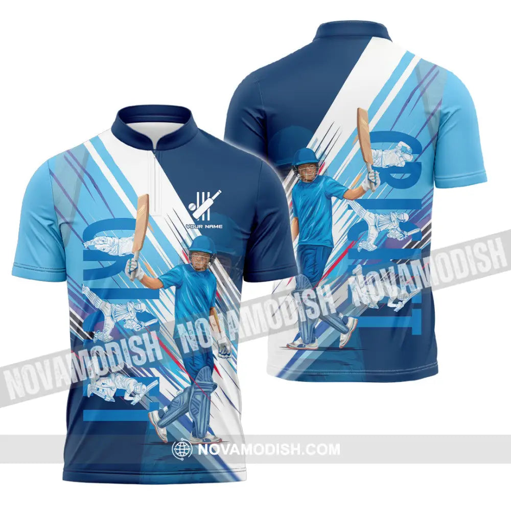 Unisex Shirt - Custom Cricket Player Blue Design Shirt Zipper Polo Shirt / S T-shirt