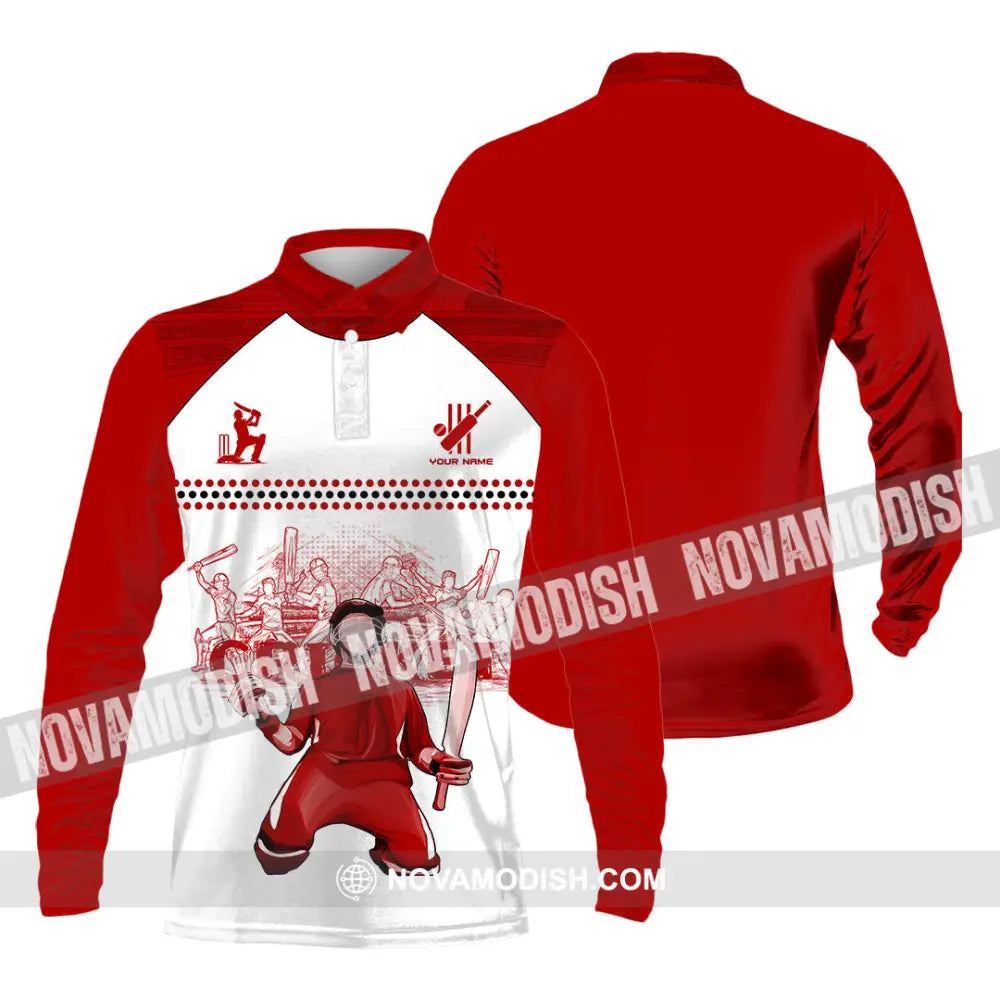 Unisex Shirt - Custom Cricket Player Red Design Shirt Long Sleeve Polo / S T-shirt