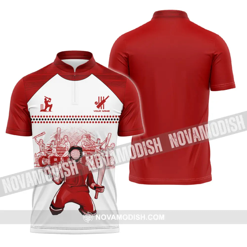 Unisex Shirt - Custom Cricket Player Red Design Shirt Zipper Polo Shirt / S T-shirt