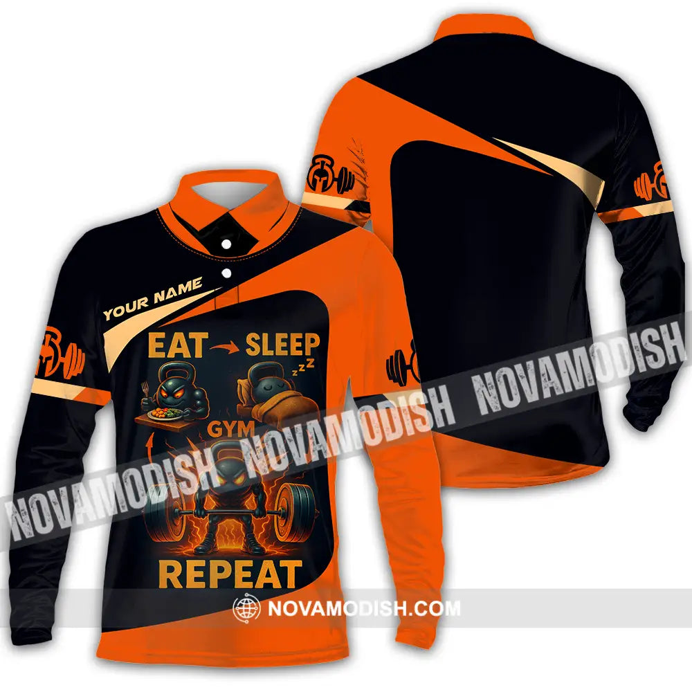Unisex Shirt - Custom Eat Sleep Gym And Repeat Shirt Long Sleeve Polo / S T-shirt