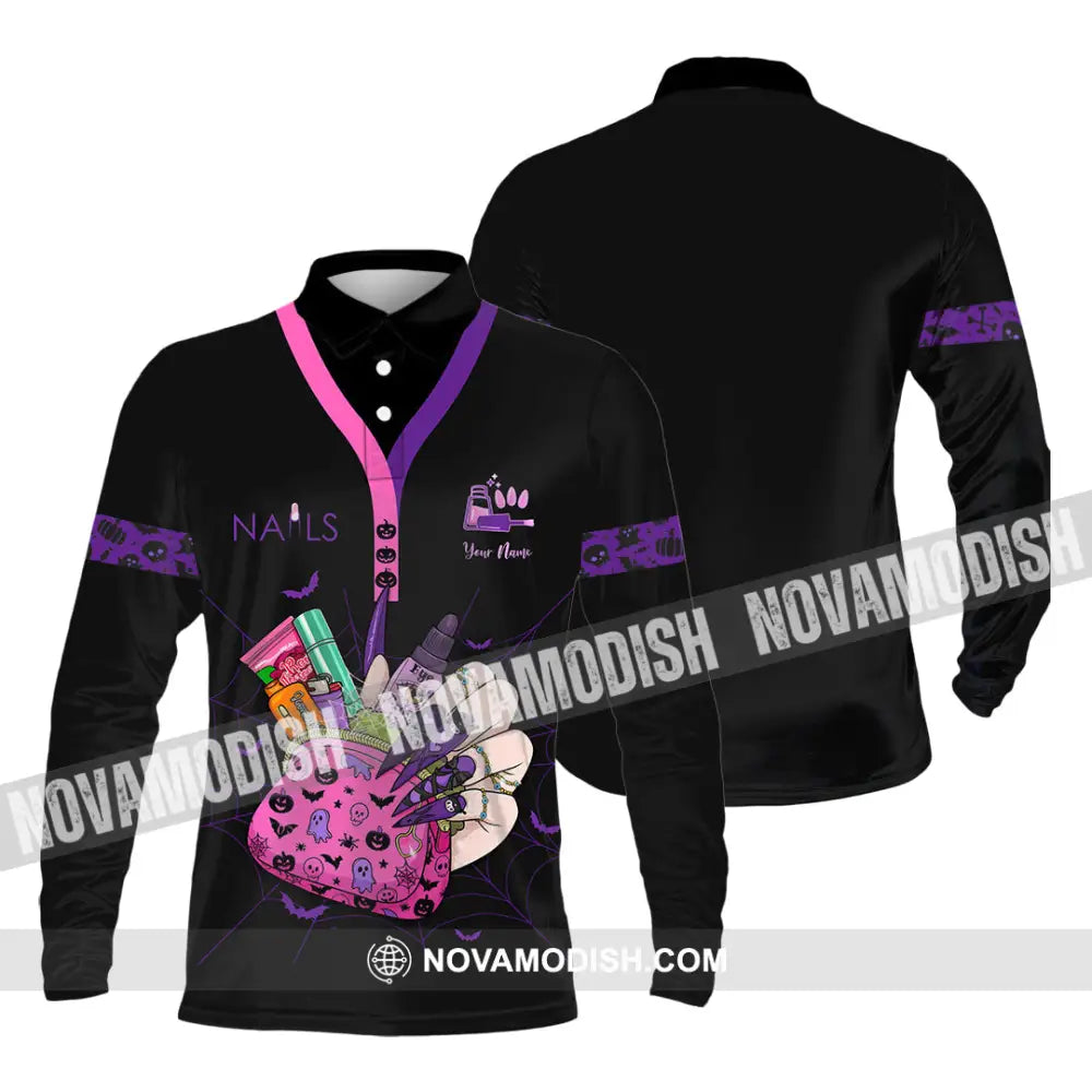 Unisex Shirt - Custom Halloween Nails Artist Shirt Long Sleeve Polo / S T-shirt