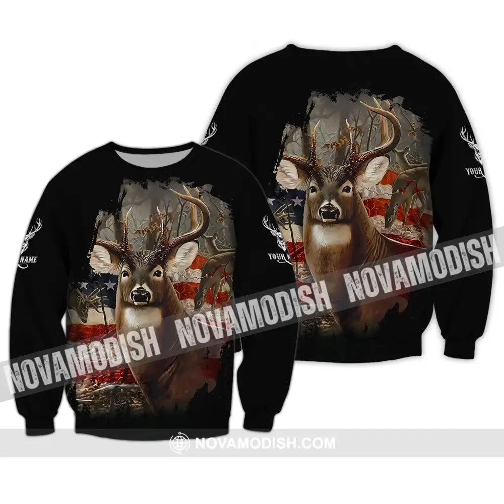 Unisex Shirt - Custom Name 3D Shirt - America Deer Long Sleeve / S T-shirt