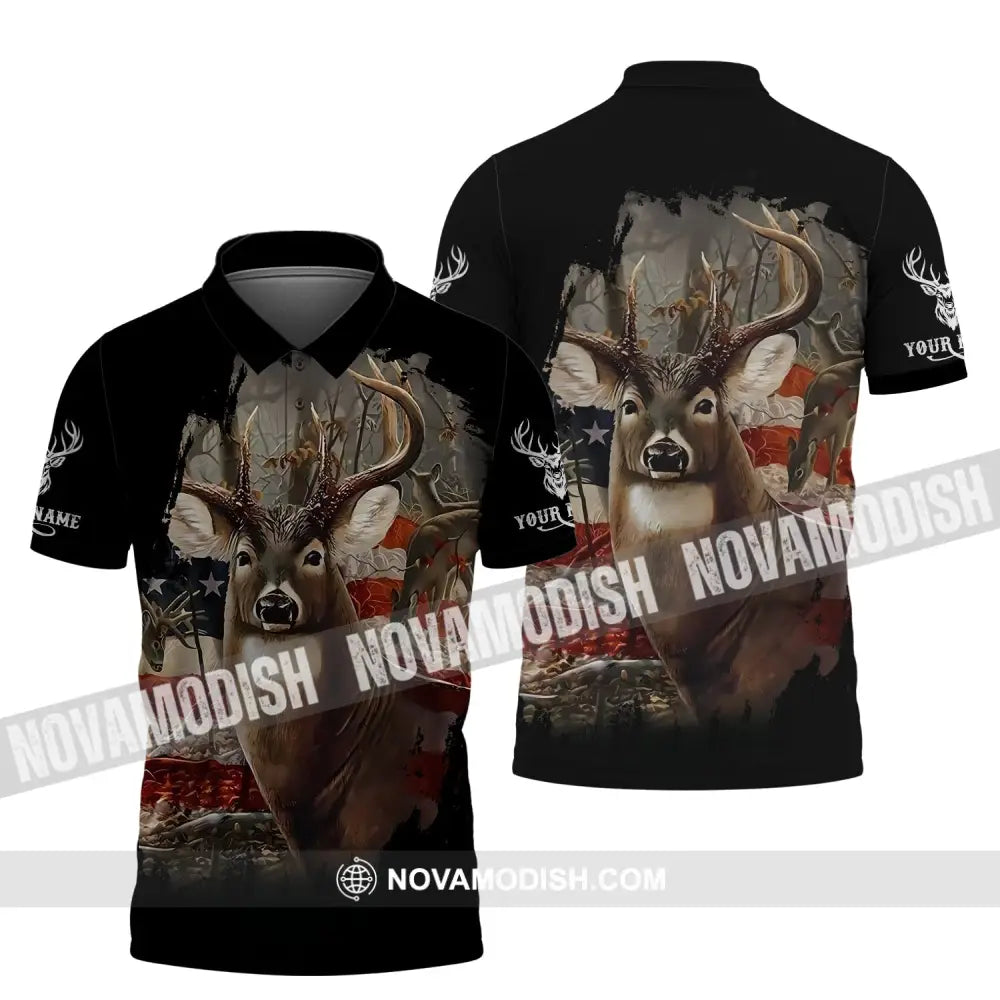 Unisex Shirt - Custom Name 3D Shirt - America Deer Polo Shirt / S T-shirt