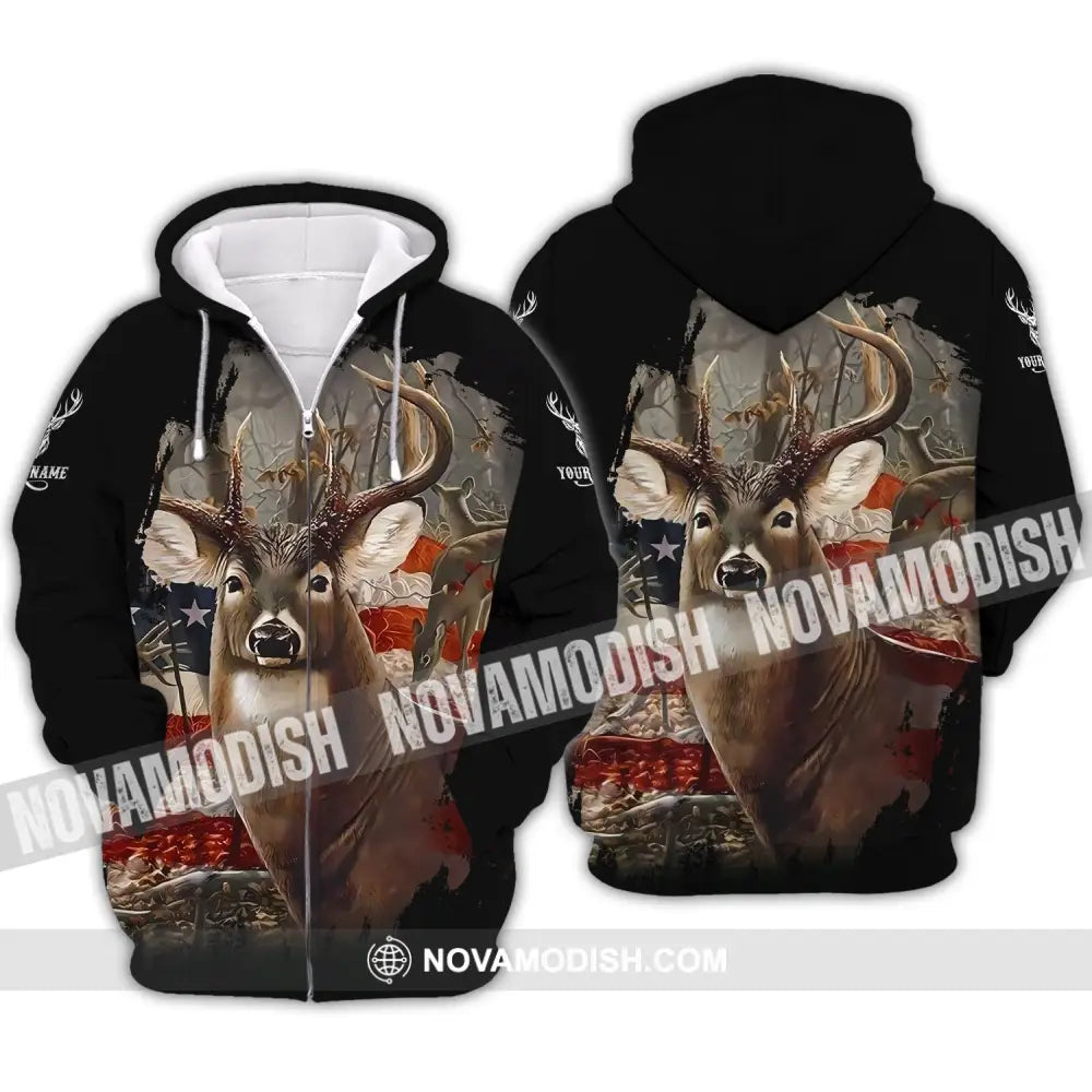 Unisex Shirt - Custom Name 3D Shirt - America Deer Zipper Hoodie / S T-shirt